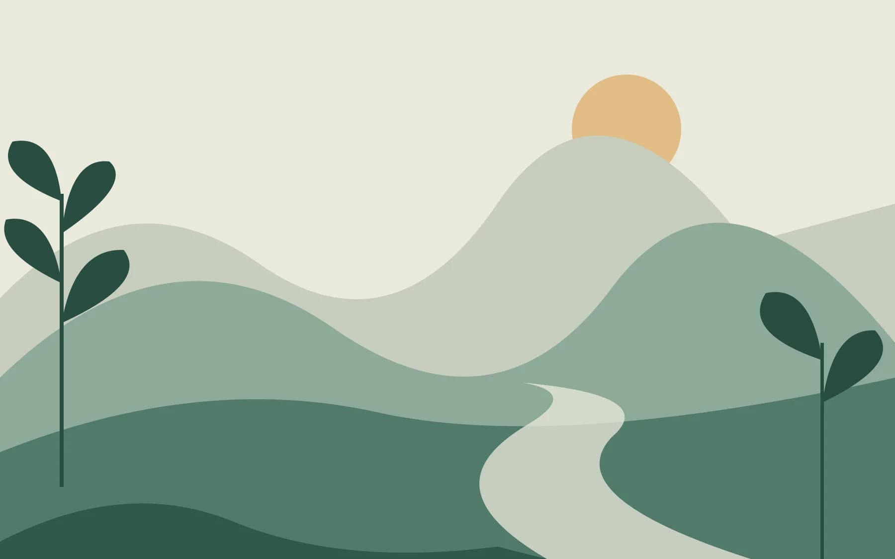 Original abstract illustration of layered hills, a pale winding river, and simple foliage