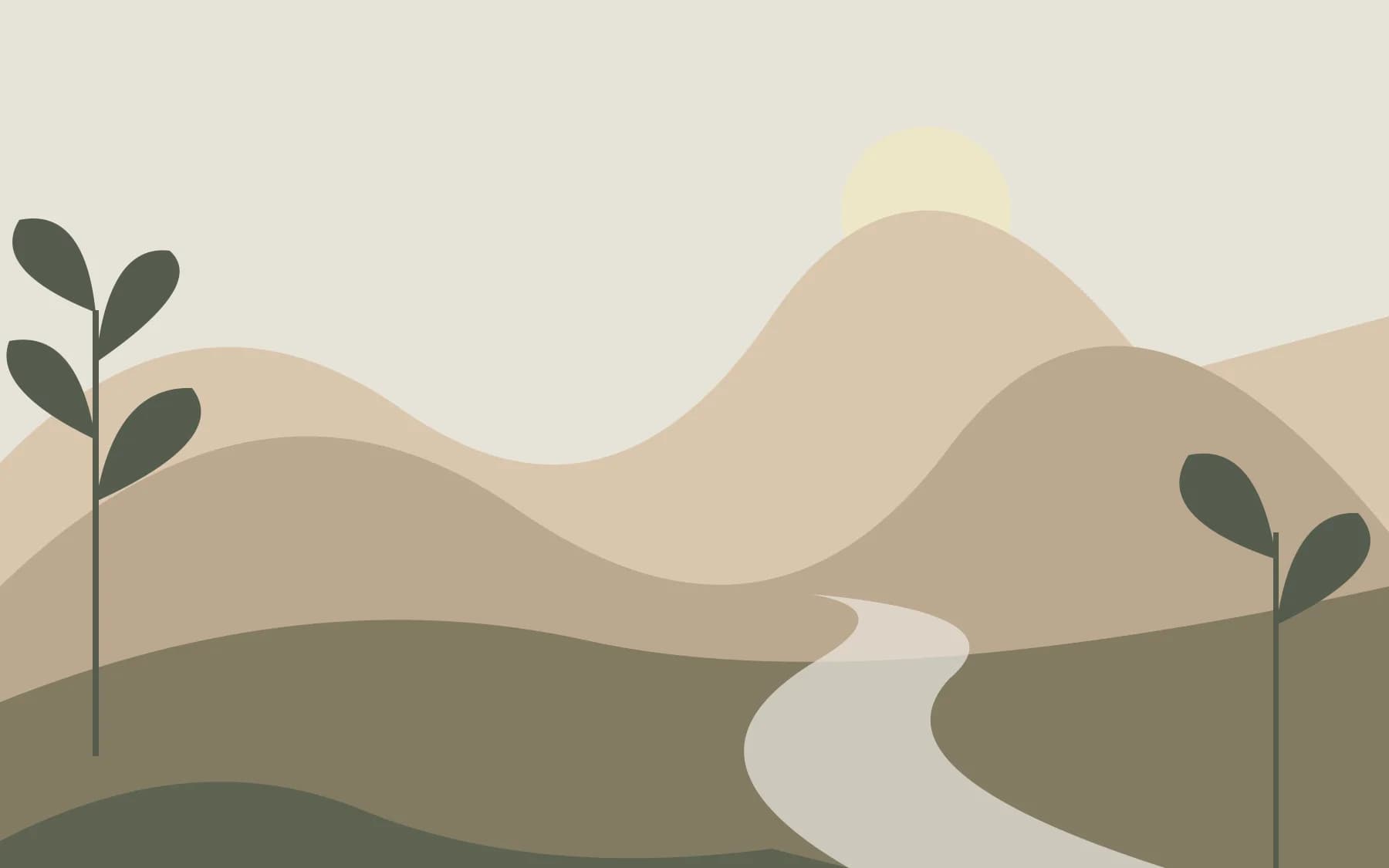 Original abstract illustration of layered hills, a pale winding river, and simple foliage