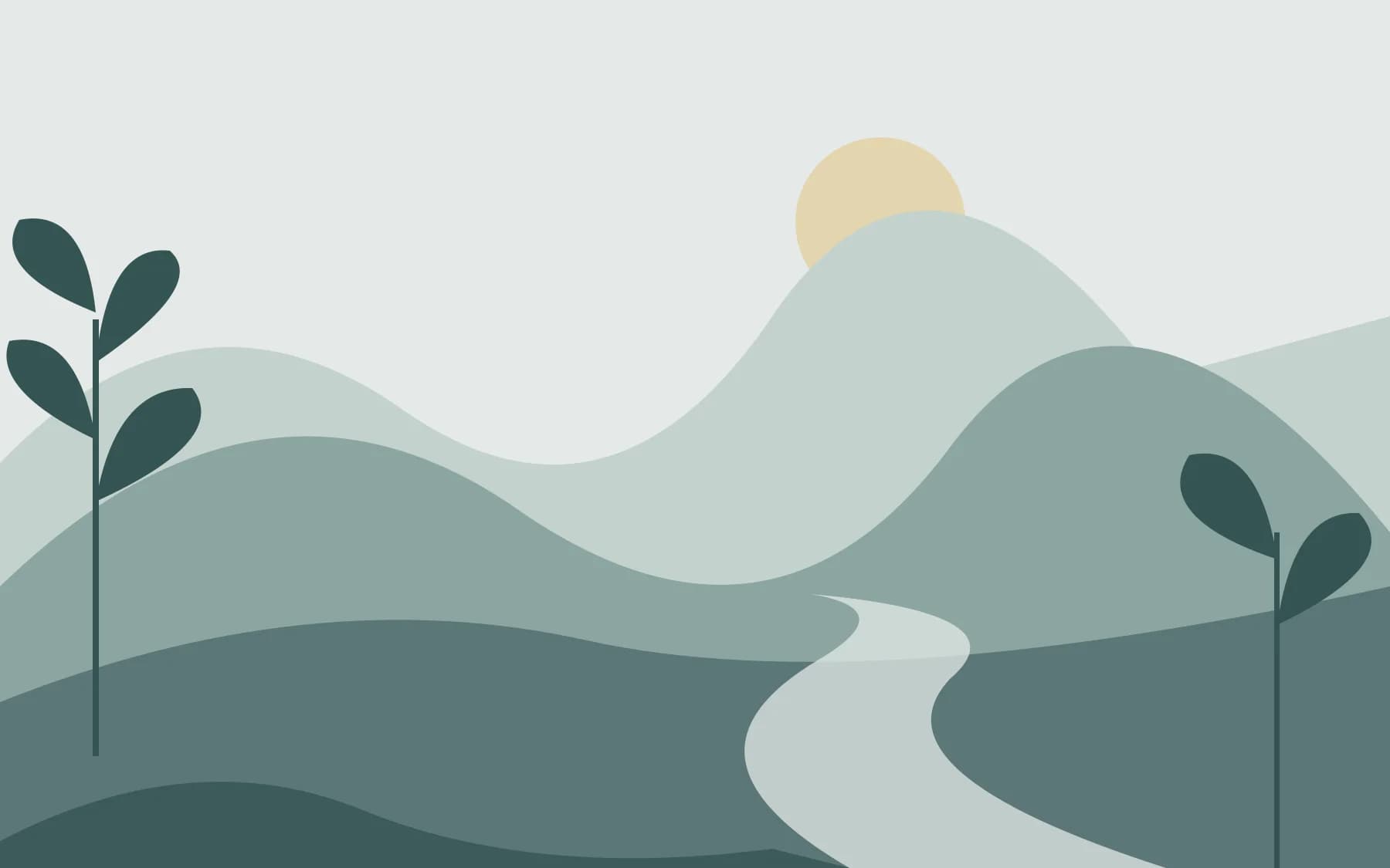 Original abstract illustration of layered hills, a pale winding river, and simple foliage