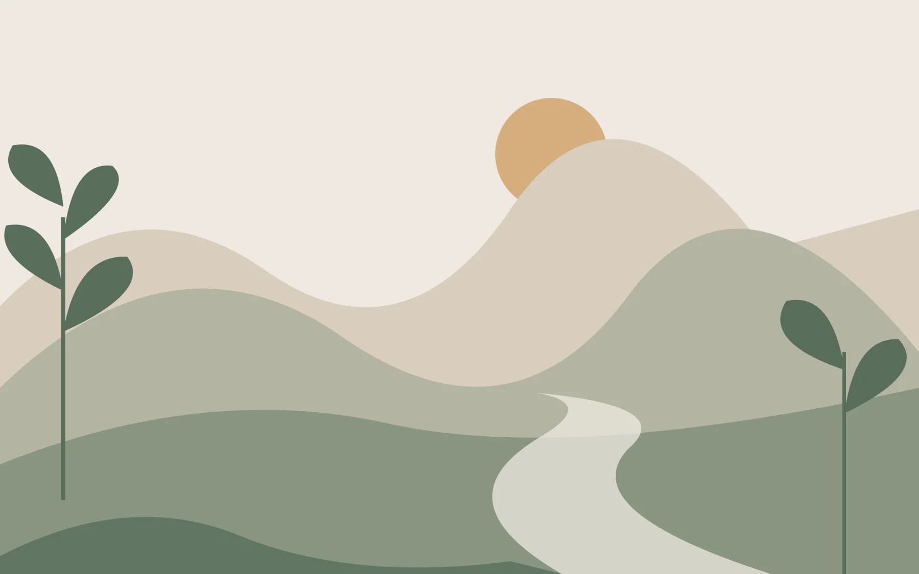 Original abstract illustration of layered hills, a pale winding river, and simple foliage