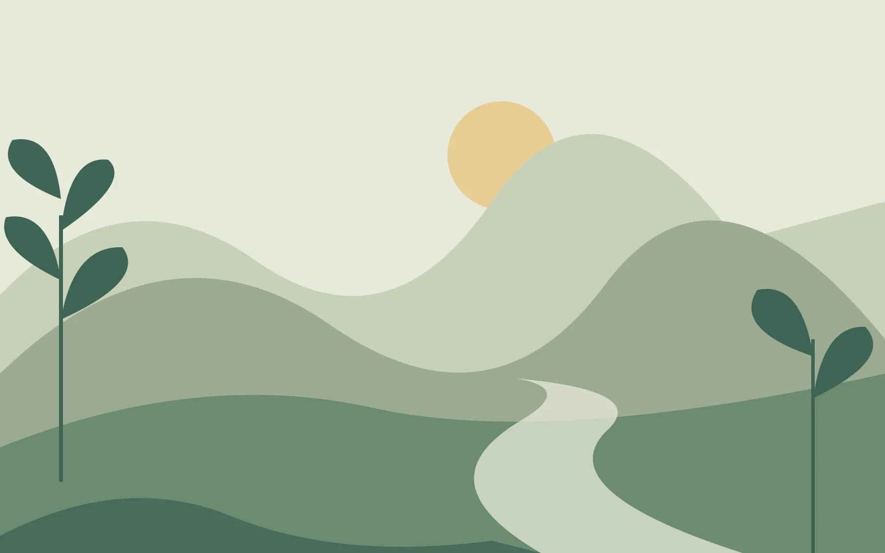 Original abstract illustration of layered hills, a pale winding river, and simple foliage