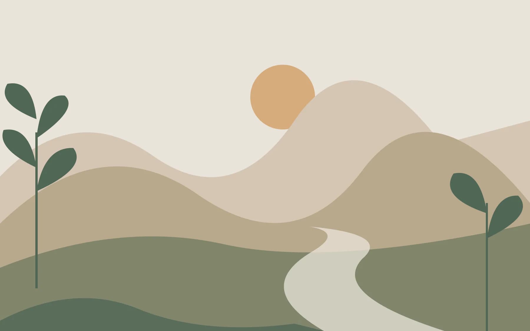 Original abstract illustration of layered hills, a pale winding river, and simple foliage
