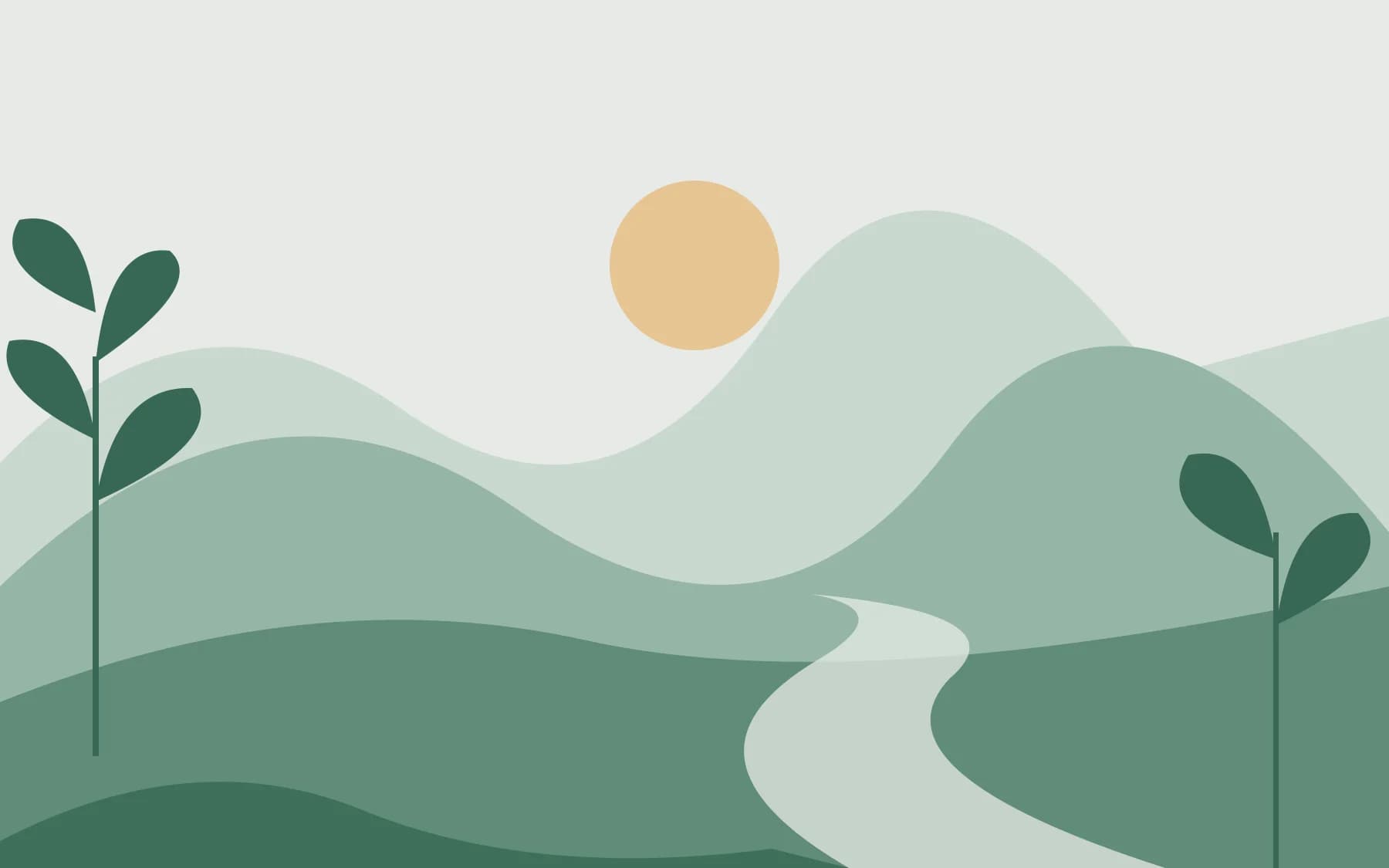 Original abstract illustration of layered hills, a pale winding river, and simple foliage