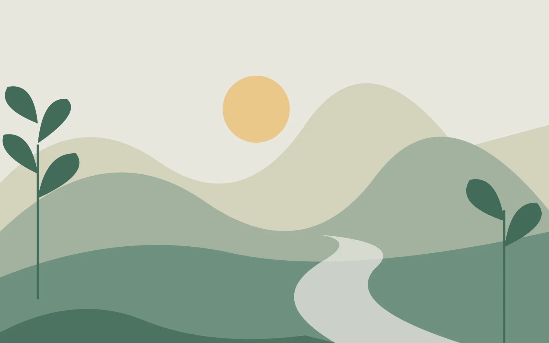 An original abstract landscape with layered green hills and a winding pale river